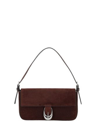 Staud Sleek Rectangular Brown Suede Shoulder Bag with Silver-Tone Buckle