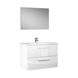 Dmora Dmora - Armario Bajo Encimera Dfell, Mueble De Ba&ntilde;o Suspendido, Armario Con 2 Cajones Y Espejo, 80x45h57 Cm, Blanco Brillante