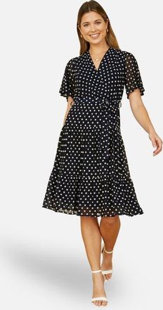Yumi Dot Print Mesh Stretch Midi Skater Dress in Navy at Nordstrom, Size 14