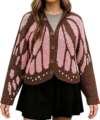 Generic Monarch Butterfly Knit Cardigan, Open Front The Crochet Monarch Butterfly Cardigan/Sweater, Cozy Boho Knit Coverup for Women (Pink,XL)