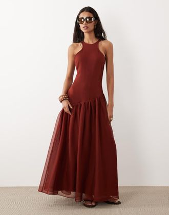 Asos Vestito lungo color ruggine scuro con dorso a vogatore e vita asimmetrica-Arancione