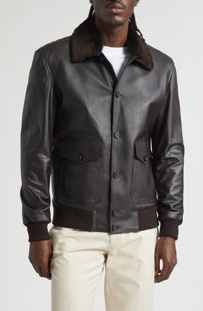 Thom Sweeney Leather Bomber Jacket with Genuine Shearling Collar in Moro - Dark Brown at Nordstrom, Size X-Large