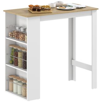 OEM Mesa De Bar Mesa De Bistr&oacute; Mesa De Comedor Mesa Alta Con 3 Estantes Laterales Y Estructura De Madera 112x57x106cm Blanco