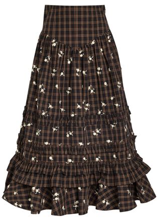 Ganni Checked Floral-embroidered Cotton-poplin Midi Skirt - Brown - 42 (UK14 / L)