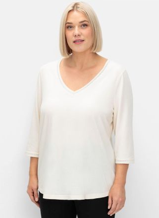 Sheego 3/4-Arm-Shirt SHEEGO 3/4-Arm-Shirt, Damen, Gr. 40/42, champagner, 50% Baumwolle, 50% Modal, unifarben, V-Ausschnitt, Shirts 3/4-Arm-Shirt