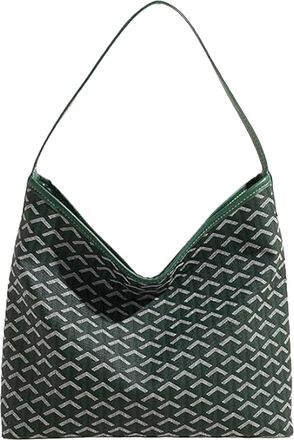 Generic 2026 New Geometric Pattern Hobo Tote Bag Large Capacity Soft Shoulder Bag with brown trim,color blocking Plaid handbag (Green)
