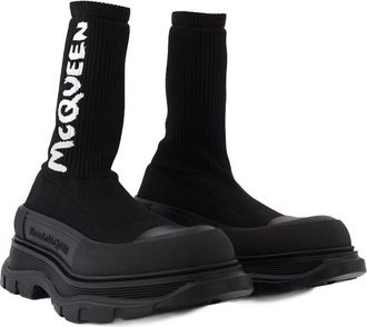 Alexander McQueen Mens Logo-Embroidered Knit Sock Boot Black