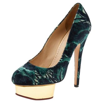 Charlotte Olympia Green Printed Velvet Dolly Platform Pumps