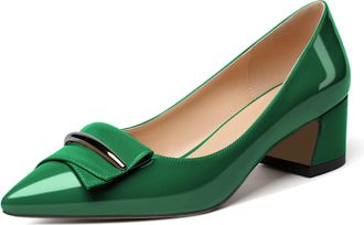 EDEFS Women Pointed Toe Block Heel Pumps Slip on Low Heels Pointed Toe Court Shoes Classic Buckle Design 2 Block Heeled Shoes Patent Green UK2
