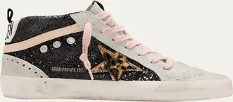 Golden Goose Mid Star Glitter Leopard Wing-Tip Sneakers