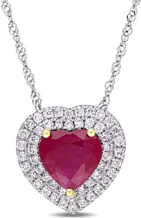 Amour Heart Shape Ruby and 1/4 CT TW Diamond Double Halo Pendant with Chain In 14K White Gold with Yellow Gold Prongs