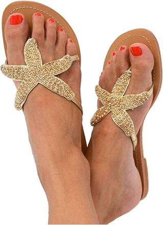 Generic Womens Summer Beach Sandals Cute Flat Sandal Rhinestone Flip Flops Comfortable Flat Thong Sandals Dressy Bohemian Slides for Vacation Bohemian Summer 