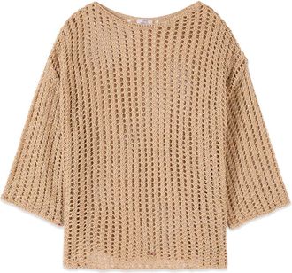 Oltre Top met ajourmotief - Dames - Ronde hals truien - Beige - S/M - Katoen - Truien & Vesten