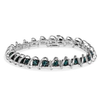 House of Brilliance 925 Sterling Silver 3/4 Cttw Blue Diamond Illusion Plate Looped Link Bracelet