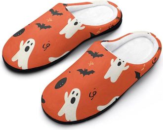 Generic Fall Halloween Ghosts Bats Pumpkins Mens Slippers Slip On Comfortable Fleece Cotton House Shoes Winter