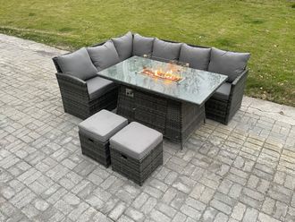 Fimous Rattan Garden Furniture High Back Corner Sofa Gas Fire Pit Dining Table Sets Gas Heater with 2 Small Footstools 8 Seater in Dark Grey
