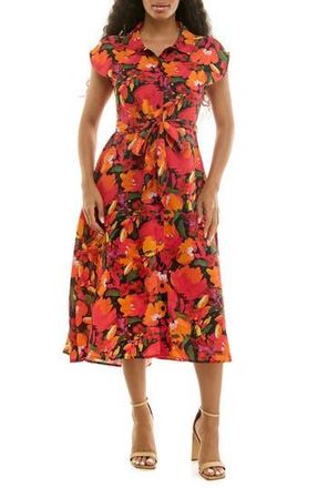 Nina Leonard Print Short Sleeve Shirtdress in Black/Pink Multi at Nordstrom Rack, Size X-Large