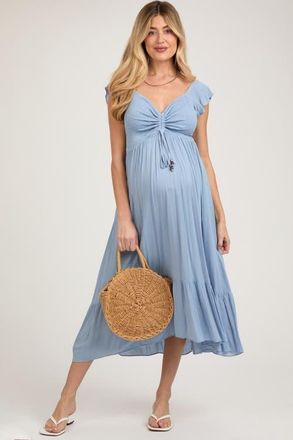 Pinkblush Smocked Ruched Ruffle Hem Maxi Dress in Light Blue at Nordstrom, Size Small