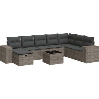 vidaXL Set De Sof&aacute;s De Jard&iacute;n Con Cojines 9 Pzas Rat&aacute;n Sint&eacute;tico Gris