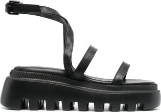 Vic Mati&eacute; Casual Zwarte Leren Sandalen - Dames - Sleehakken - Zwart - 41 EU - Leer - Schoenen