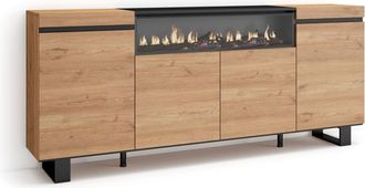 Skraut Home Aparadores Para Sal&oacute;n, Gran Capacidad De Almacenaje, 200x87x35cm, 4 Puertas, Chimenea El&eacute;ctrica, Dise&ntilde;o Industrial, Estilo Moderno, Roble Y Negro - Sk