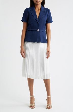 Julia Jordan Faux Two-Piece Short Sleeve Belted Midi Dress in Navy Ivory at Nordstrom Rack, Size 14