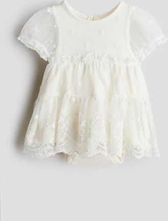 H&M Embroidered Mesh Bodysuit Dress in White at Nordstrom, Size 3M