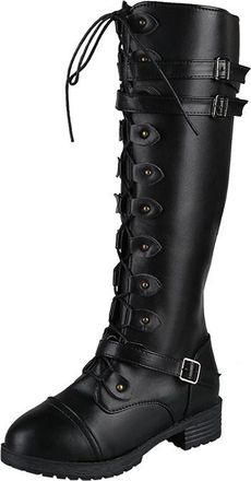 Generic Womens Knee High Boots Casual Stretch Riding Booties Stylish Classic Side Zipper Low Chunky Heel Lace Up Comfy Wide Fit Biker Boots Outdoor