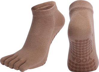 Generic 2 Pairs Yoga Toe Socks,Non Slip Pilates Dance Trainer Socks Combed Cotton Gym fitness Ankle Socks (UK, Alpha, One Size, Regular, Regular, Beige)