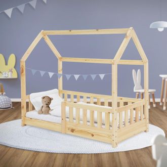 ML Design Ml-design Cama Infantil Casa Natural 70x140 Cm De Madera De Pino Con Protecci&oacute;n Antica&iacute;da, Techo Y Somier Estructura De Listones, Cuna De Suelo Maciza