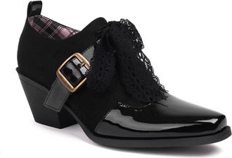 Generic Womens Square Toe Spring Shoes Floral Print Patent Leather Panel Lace Tie Buckle Strap Low Block Heel Cushioned Insole Anti-Slip Durable Sole,Black,3.