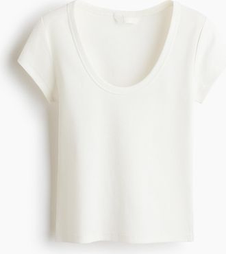H&M Geripptes T-Shirt mit U-Ausschnitt - Weiss