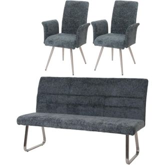 Hhg Hhg - Nunca Usado] Juego De Comedor 221, Juego De 2 Sillas Con Reposabrazos + Banqueta 180cm, Acero Inoxidable Cepillado Tela/textil Chenilla, Azul-ve