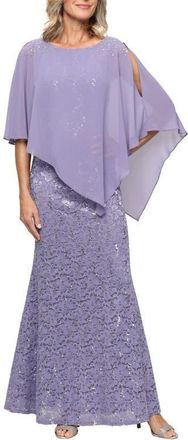 S.L. Fashions Beaded Lace & Chiffon Capelet Gown in Mystic/Heather at Nordstrom, Size 14