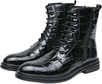 Generic Mens Lace Up Military Combat Boots with Side Zipper Round Toe PU Leather Short Boots Flat Heel Motorcycle Boot,Black,8.5 UK