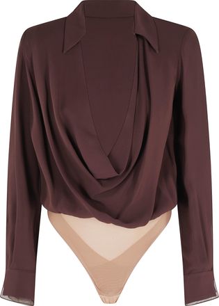 Elisabetta Franchi Brown Organza-Inserts Padded-Shoulders Viscose Bodysuit