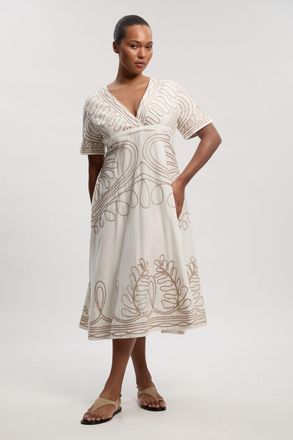 Karen Millen Womens Plus Size Cotton Linen Cornelli Embroidery Open Back Woven Midi Dress - White - Size 20 UK