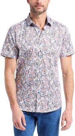 Robert Graham Pismo Short Sleeve Stretch Cotton Button-Up Shirt in White Multi at Nordstrom, Size Xxx-Large
