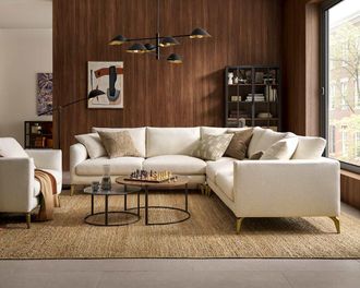 Castlery Lena L-Shape Sectional Sofa, Cream, Brass Legs, Spill-Resistant, Removable Covers for Living Room