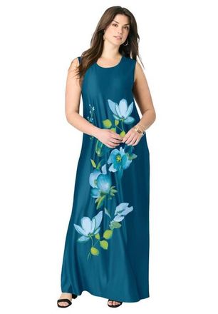 Roaman's Plus Size Sleeveless Crew Neck Maxi Dress in Deep Lagoon Floral at Nordstrom, Size 28