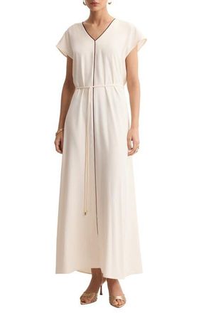 Mango Contrast Piping Belted Midi Dress in Ecru at Nordstrom, Size 10