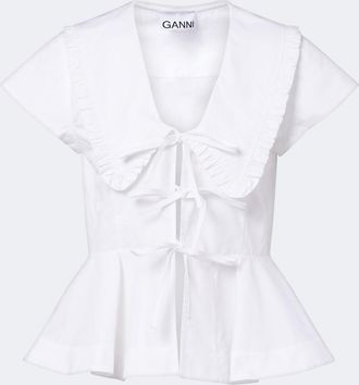 Ganni Bow-detail peplum cotton poplin blouse