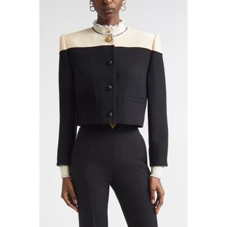 Valentino Colorblock Crop Wool Crepe Jacket in Black/Cream at Nordstrom, Size 10 Us