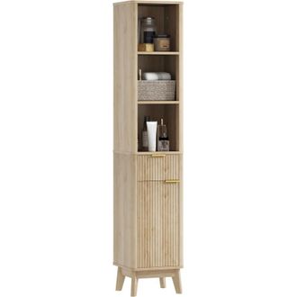 HOMCOM Homcom - columna de baño mueble de baño estrecho con puerta cajón 3 compartimentos abiertos y estantes ajustables 33x30x170 cm natural