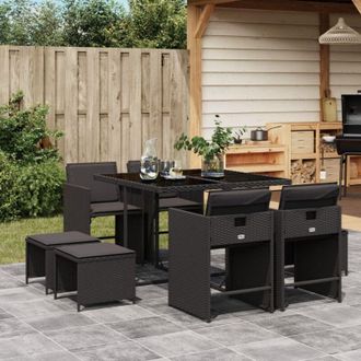 vidaXL Vidaxl - Set De Comedor De Jard&iacute;n 9 Pzas Y Cojines Rat&aacute;n Sint&eacute;tico Negro