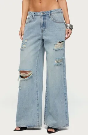 Edikted Ellah Distressed Low Rise Baggy Jeans in Light-Blue-Washed at Nordstrom, Size X-Large