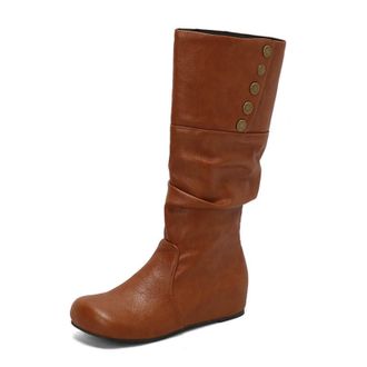 Generic Womens Wedge Heel Knee High Boot Round Toe PU Leather Long Boots Pull on Slouch Boot with Button,Yellow,10.5 UK