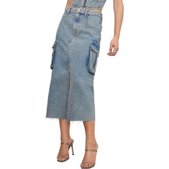 Good American Frayed Hem Denim Cargo Skirt in Indigo762 at Nordstrom Rack, Size 10