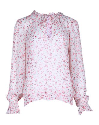 Ganni Ganni Ruffled Floral-Print Blouse in White Viscose