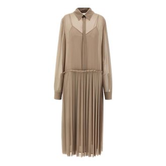 Ami Kleedjes, Dames, Beige, S, Leer, Pleated Midi Dress